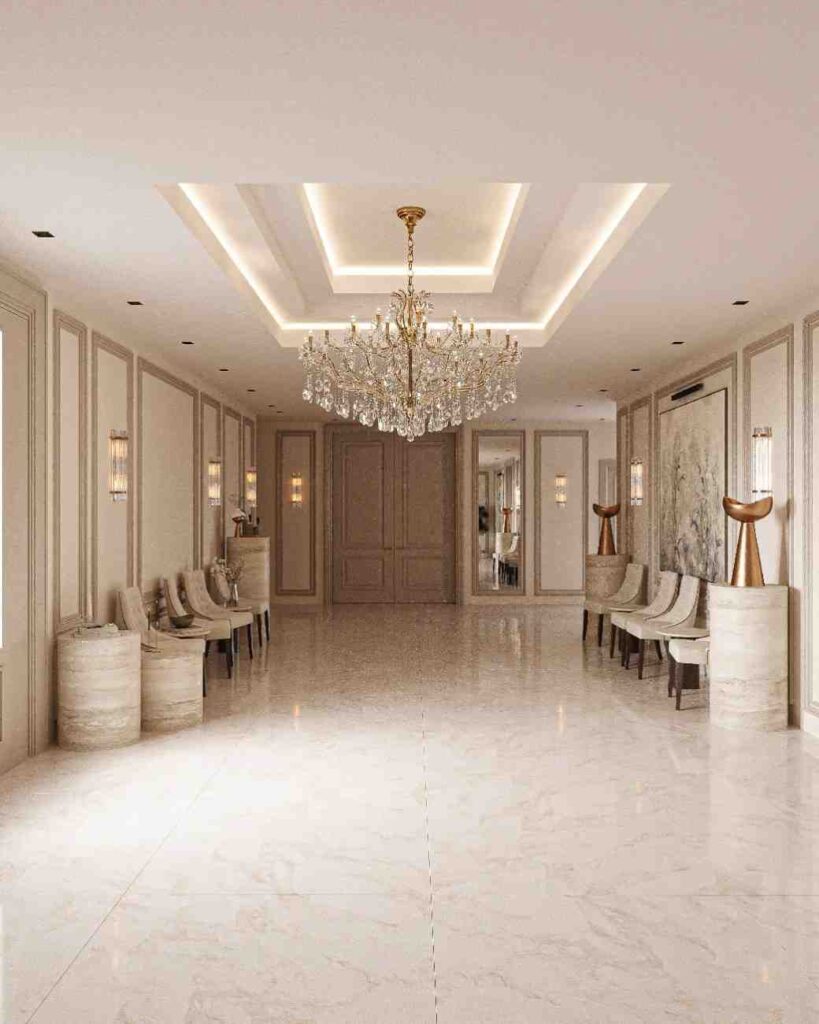 تصميم ممر داخلي فاخر بالرياض — أرضيات رخامية وإضاءة مخفية — بنان للديكور