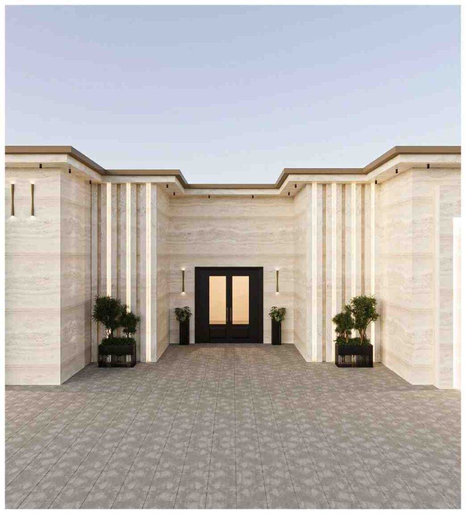 تصميم واجهة فيلا خارجية فاخرة بالرياض — بديل رخام وإضاءة خارجية — بنان للديكور