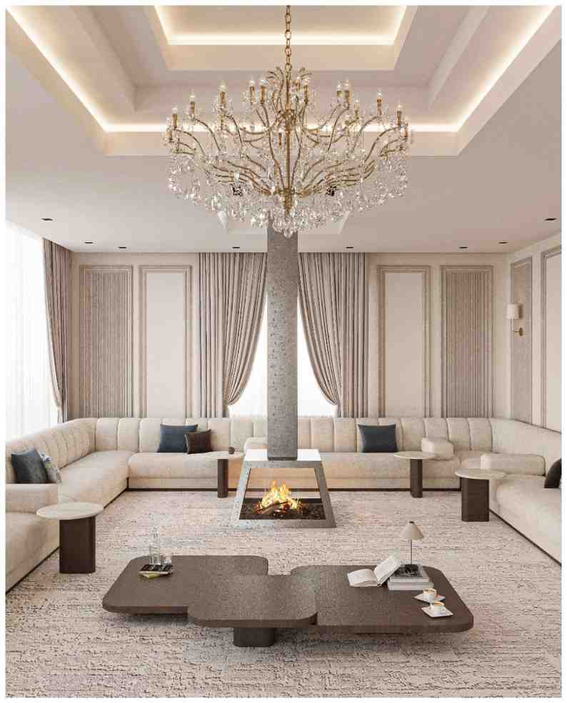 تصميم مجلس رجالي فاخر بالرياض — ثريا ذهبية وأسقف جبس وستائر فاخرة — بنان للديكور