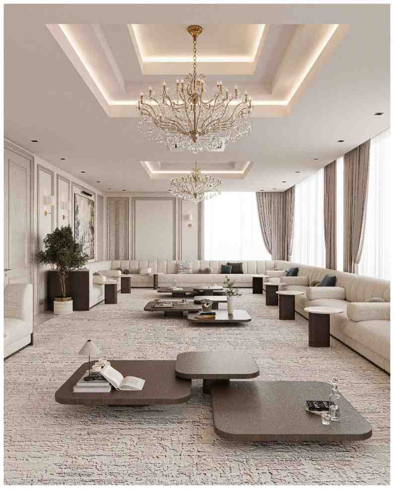 تصميم مجلس كبير فاخر بالرياض — أسقف جبس وثريا كريستال ذهبية — بنان للديكور