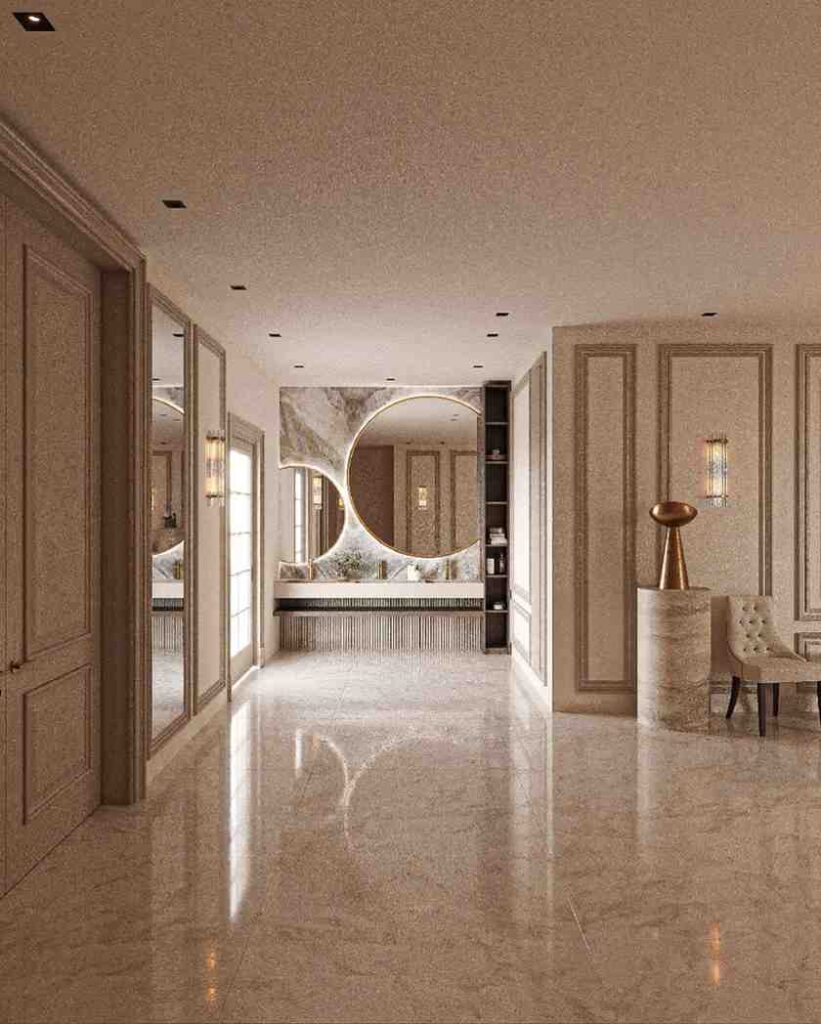 تصميم مدخل فيلا فاخر بالرياض — أرضيات رخامية وأبواب خشبية — بنان للديكور