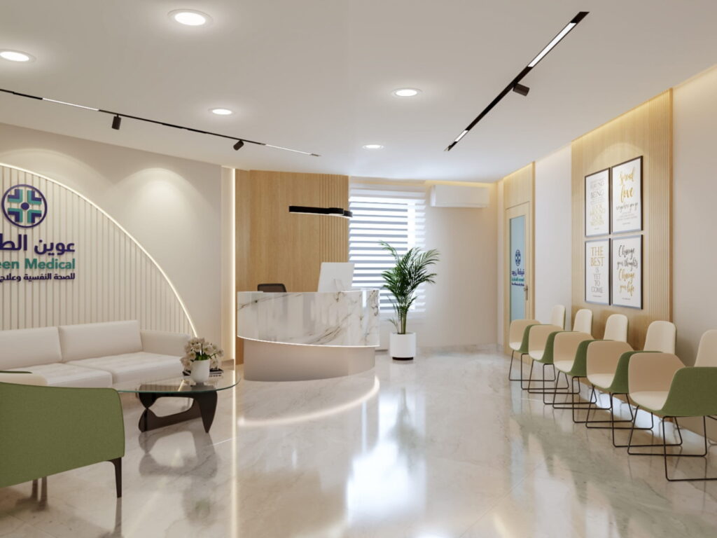تشطيب قاعة انتظار واستقبال عيادة طبية بالرياض — إضاءة ديكورية وأرضيات رخامية — بنان للديكور