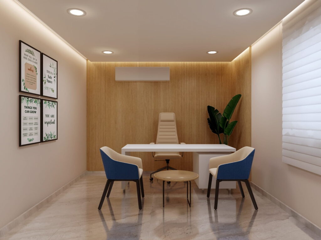 تشطيب غرفة استشارة عيادة طبية بالرياض — جدران بديل خشب وإضاءة مخفية — بنان للديكور