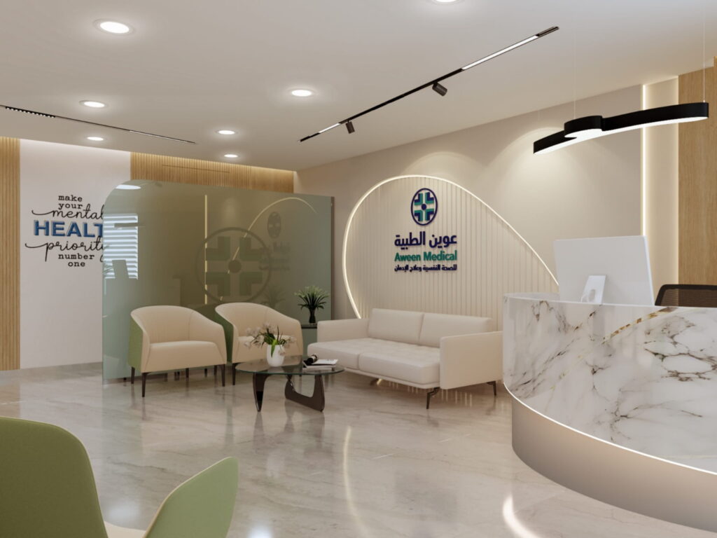تشطيب استقبال عيادة طبية بالرياض — بديل رخام وإضاءة ديكورية — بنان للديكور
